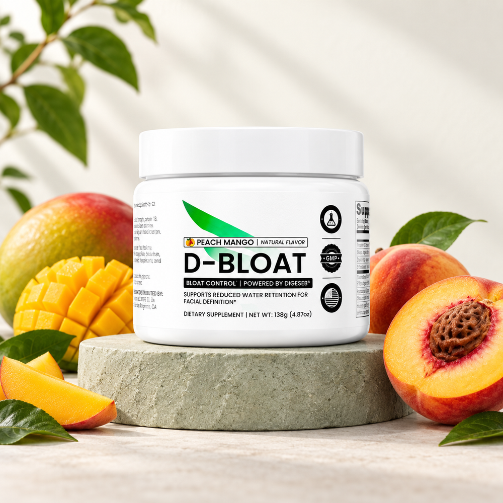 D-BLOAT peach-mango powder with fresh peach and mango on a sage pedestal