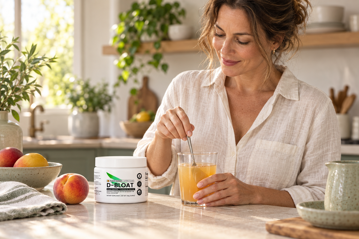 Lifestyle illustration of a woman preparing a peach-mango D-BLOAT drink in a sunlit kitchen